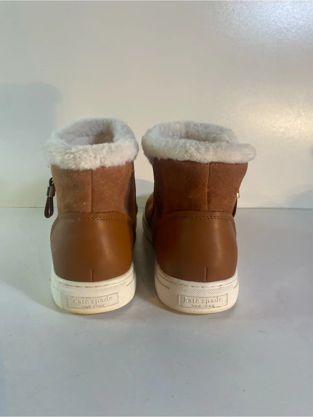 Kate Spade Harper Gingerbread Suede Winter Sneakers Plush White Faux Fur Lining
